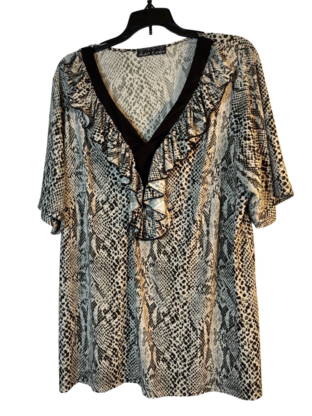 V-Neck Ruffle Snake-Print Blouse - Black & Cream